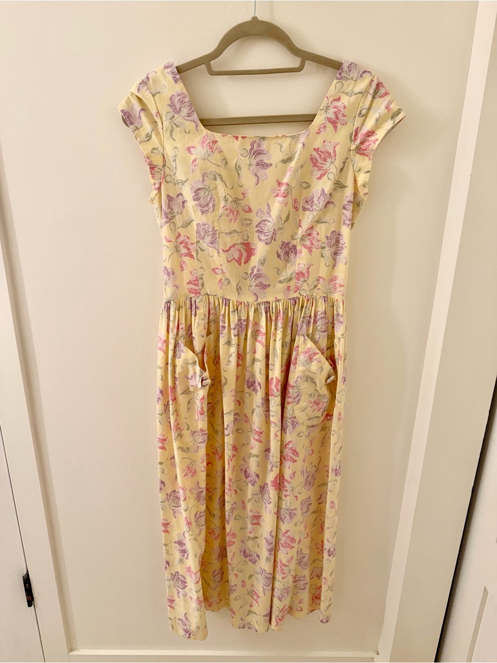 Laura Ashley Yellow Floral Cap-Sleeve Dress with Square neckline and peep back